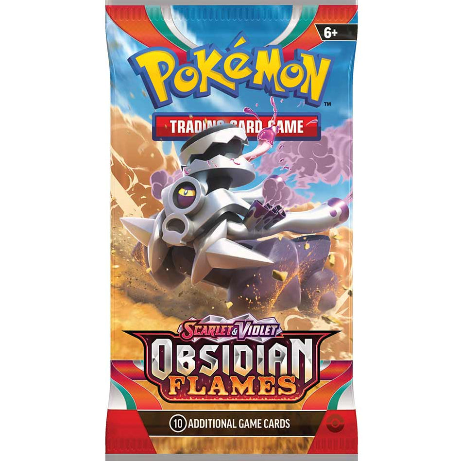 Packaging for Pokemon TCG Scarlet & Violet Obsidian Flames Booster Pack featuring artwork with Pokemon characters.